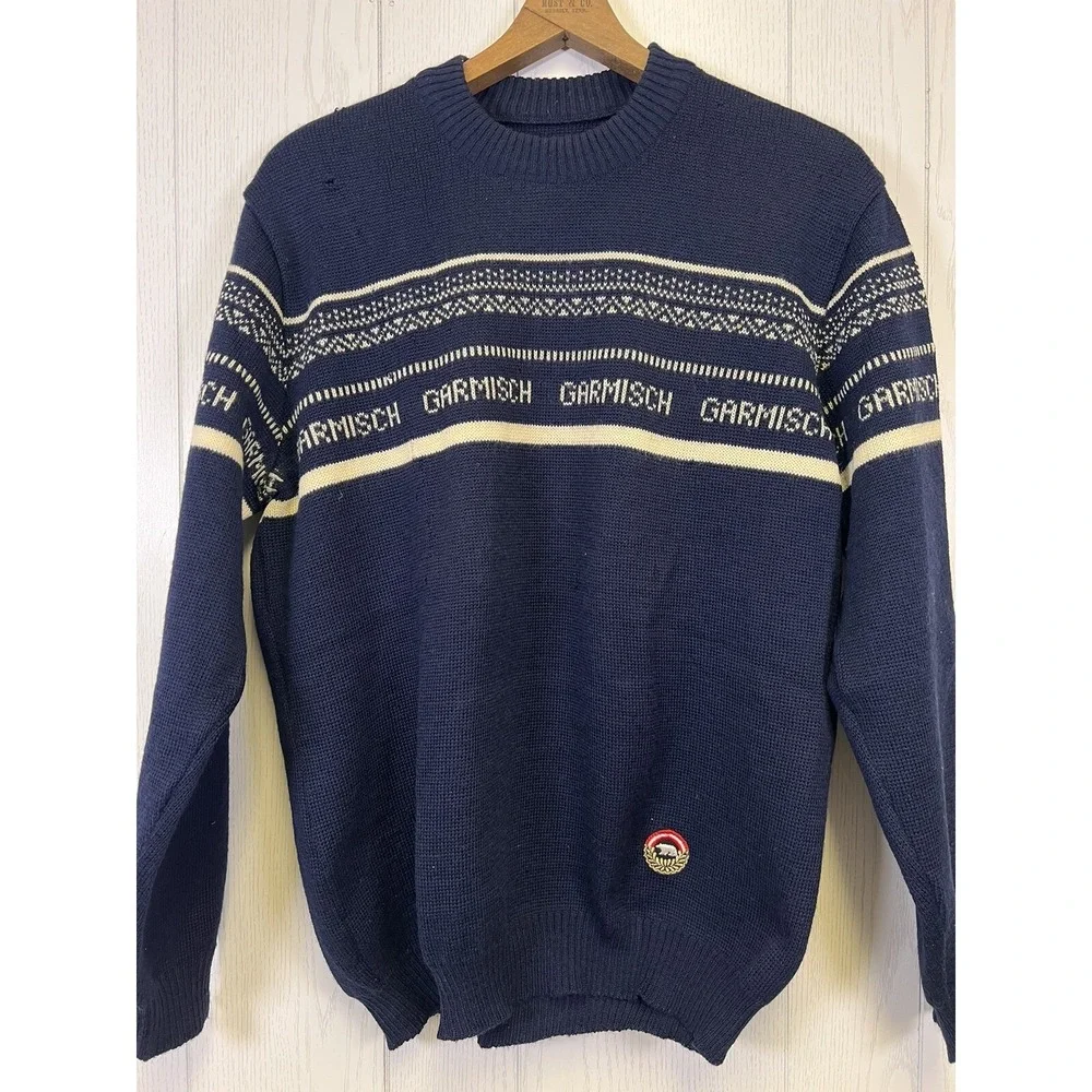 Vintage 80's Garmisch Sweater Bavarian Alps Ski  Zugspitze Germany Blue *READ*
